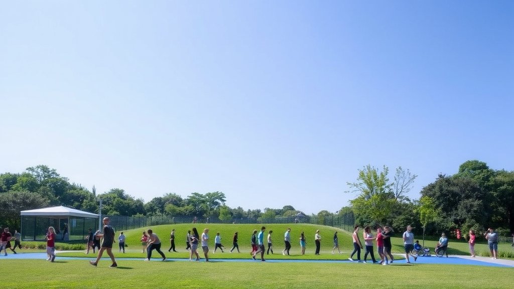 A serene landscape of a blue zone area with people of different ages engaging in physical activities, surrounded by lush greenery and a clear blue sky.