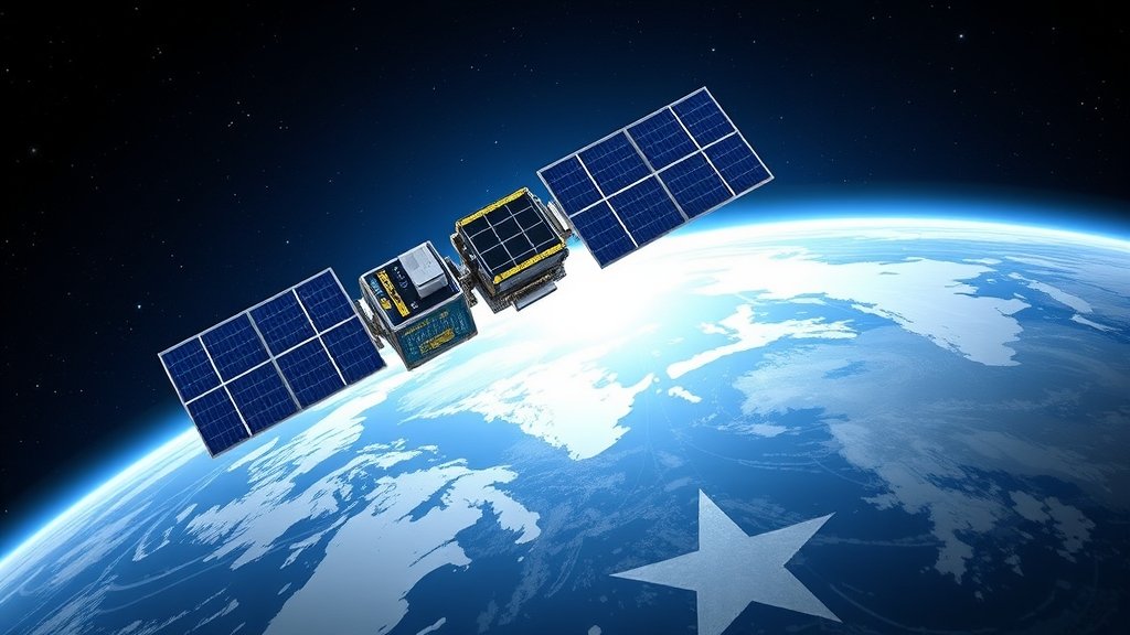 A detailed illustration of the COSMO-SkyMed second-generation satellite in orbit around the Earth, with a background of stars and the curvature of the planet.