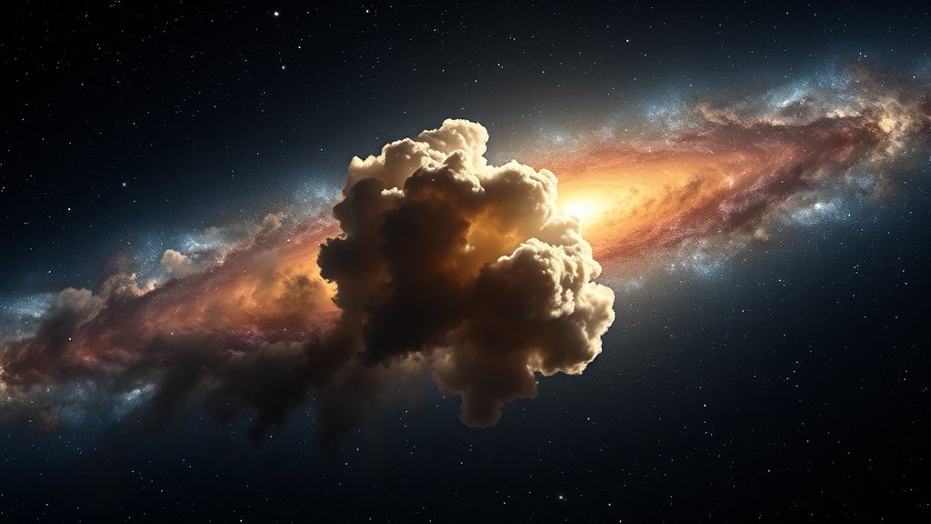 A high-resolution image of the Hubble Space Telescope with a gas cloud in the background, with a subtle hint of dark matter surrounding it.