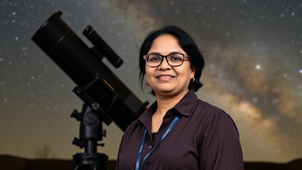 A photo of Dr Priyamvada Natarajan standing in front of a telescope, with a subtle background of stars and galaxies, conveying a sense of exploration and discovery.