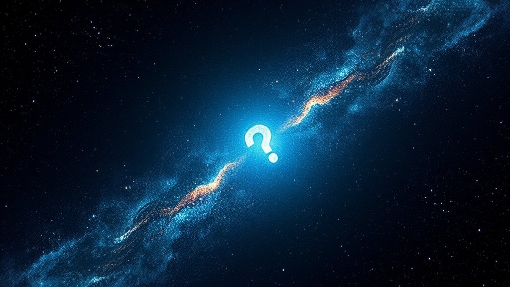 An illustration of the universe's expansion with a question mark or a puzzle piece representing the unknown nature of dark energy.