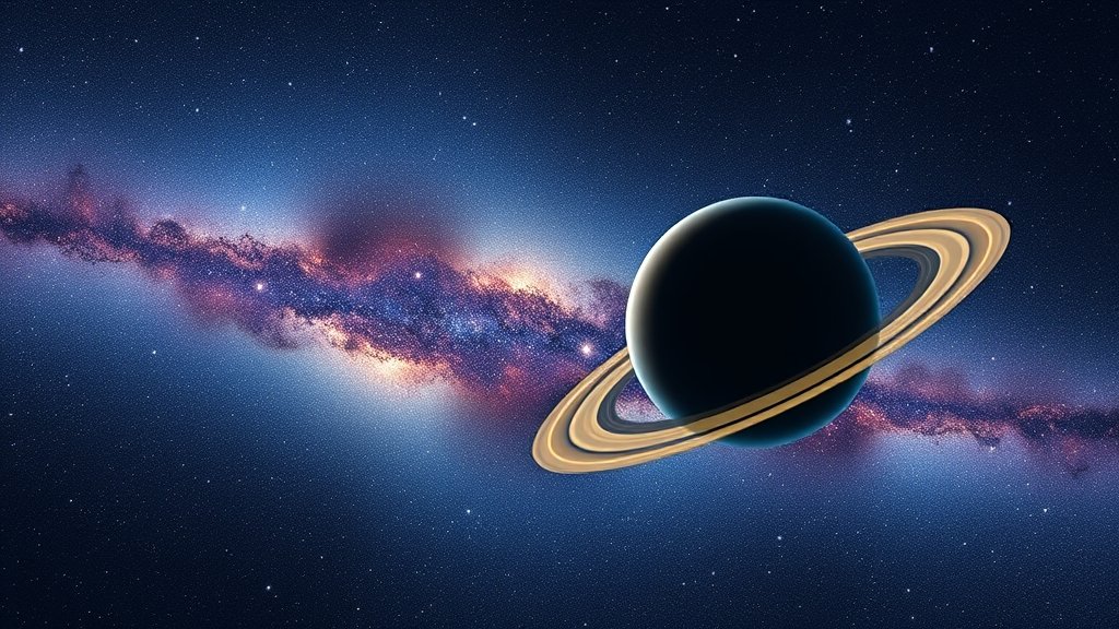 An illustration of a rogue planet the size of Saturn wandering through the Milky Way galaxy, with stars and other celestial objects in the background