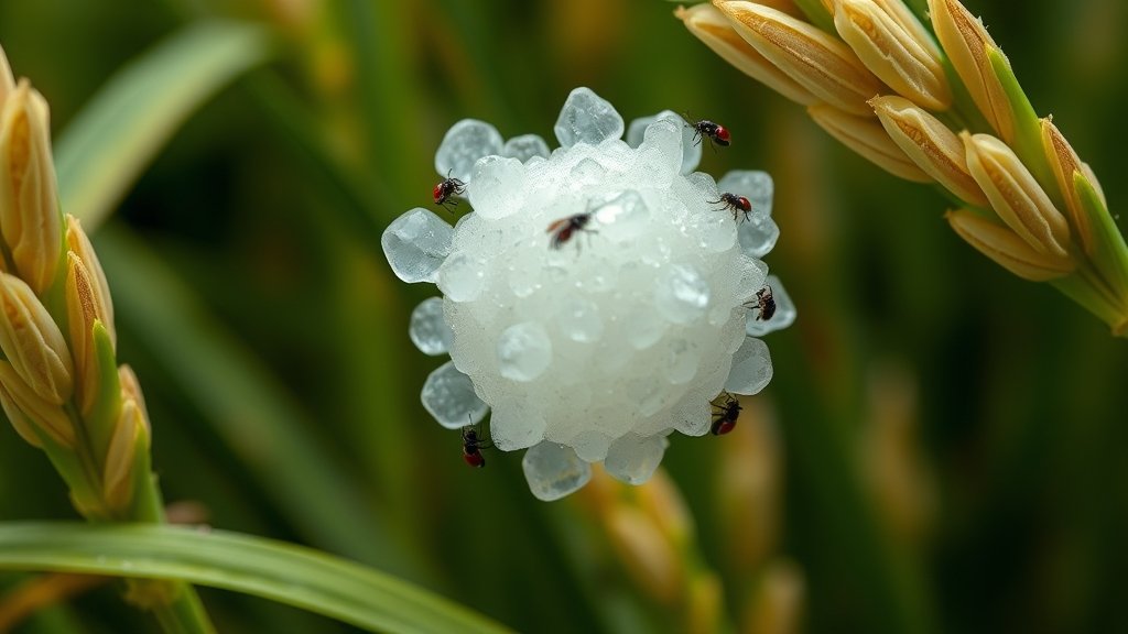 A microscopic image of silica nanoparticles synthesized from rice husk, with a background of rice plants and a few insects, highlighting the potential of these nanoparticles as insecticides.