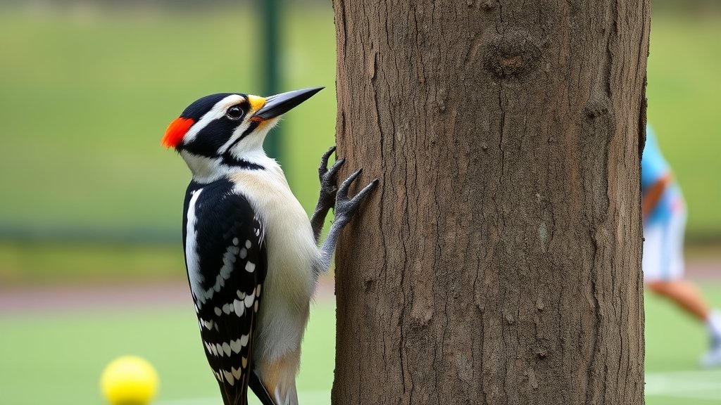 A woodpecker pecking on a tree trunk with a tennis player in the background, highlighting the similarity between the two actions