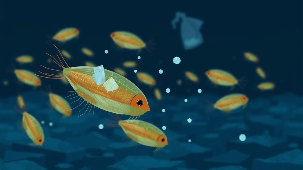 An illustration of zooplankton carrying microplastics in the ocean, with a dark blue background and a faint image of a plastic bag or bottle in the distance, highlighting the impact of human activities on marine ecosystems.