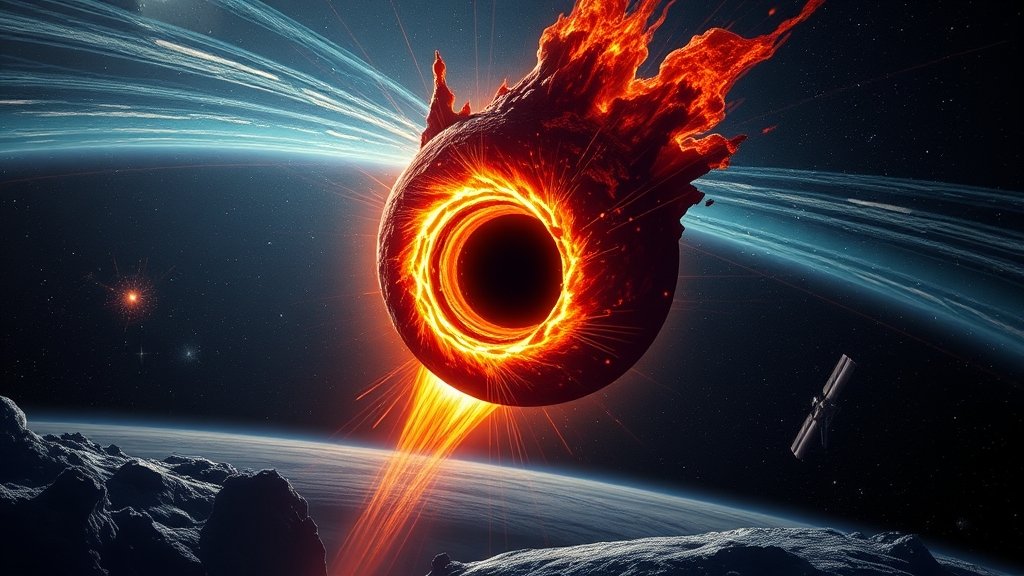 An illustration of a massive star collapsing into a black hole, with the JWST telescope in the background observing the phenomenon