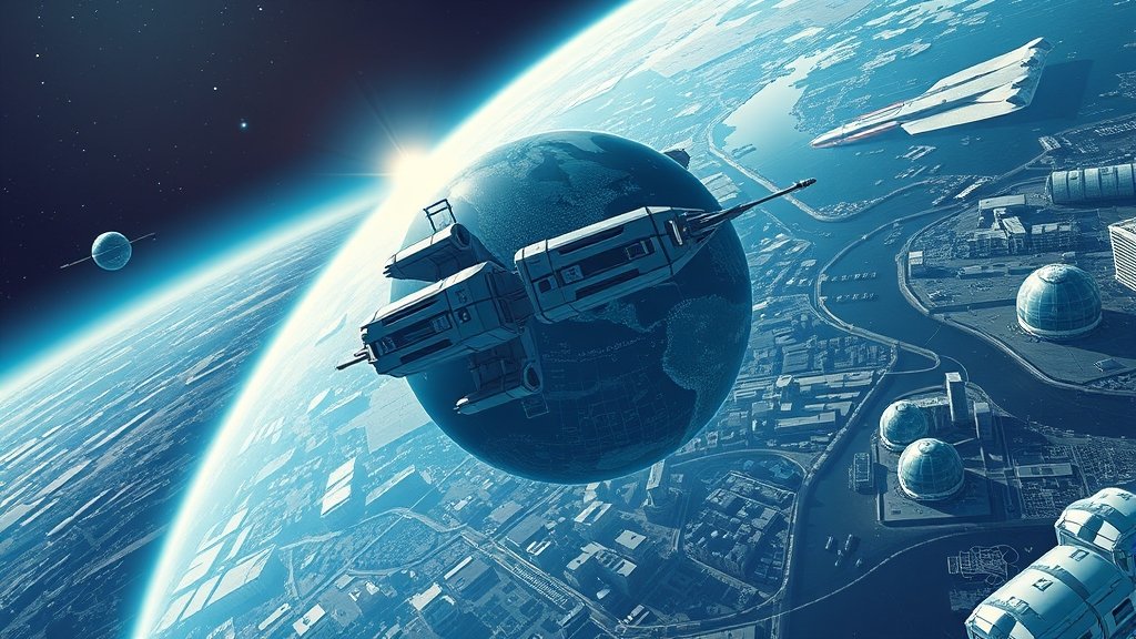 A futuristic illustration of a spacecraft or satellite in orbit around the Earth, with a cityscape on the planet's surface below, highlighting the intersection of space technology and daily life.