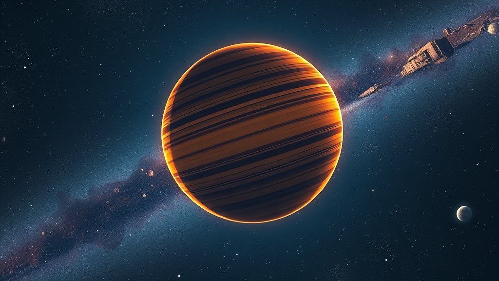 An illustration of a rogue planet floating in the galaxy, with stars and other celestial bodies in the background, and a subtle hint of the Milky Way.