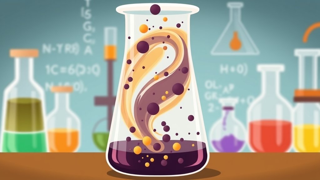 An illustration of a beaker with a swirling mix of solid and liquid particles, with a background of scientific equipment and formulas.