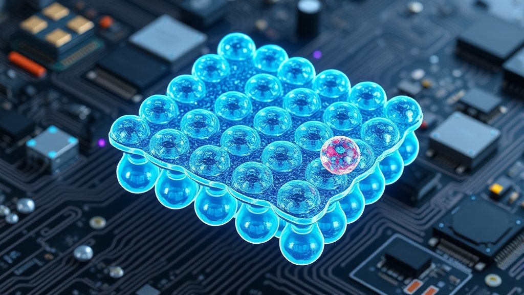 An illustration of a 2D material with electrons lagging behind nuclei, with a background of electronic devices and circuits.