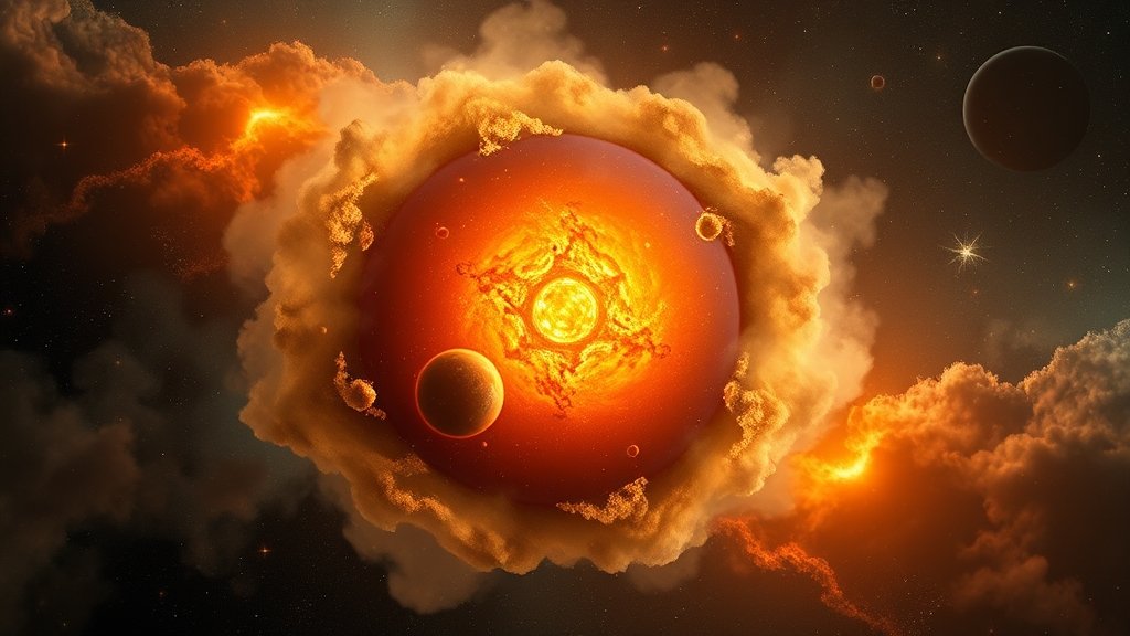 An illustration of a protostar with complex organic molecules in its core, surrounded by a cloud of gas and dust, with a few stars and planets in the background.