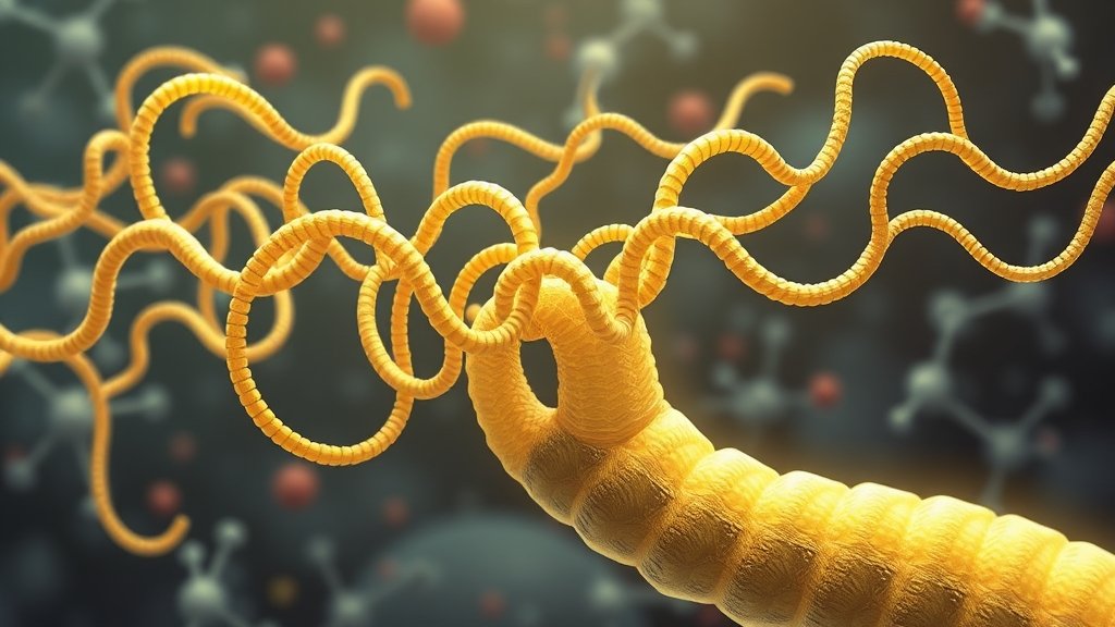An illustration of worm-inspired active filaments sweeping disorder into order, with a background of molecular structures and a hint of a worm's body.