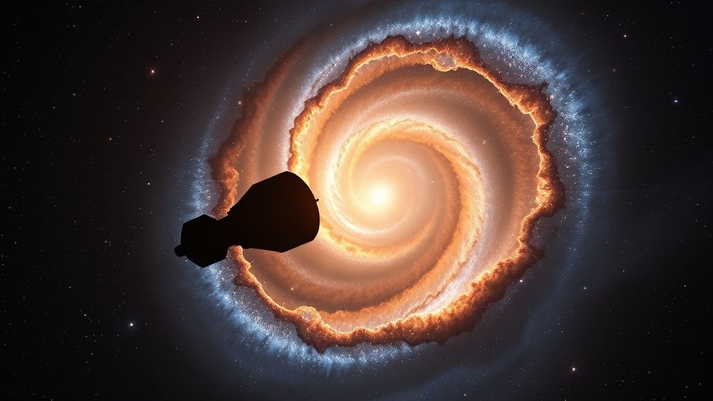 An artist's impression of the NASA Webb Telescope observing a distant galaxy with a massive cloud of cosmic dust