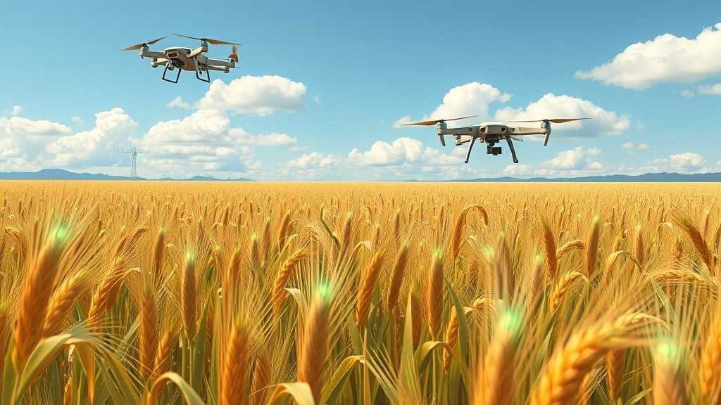 A futuristic illustration of a wheat field with glowing, sensor-equipped plants, surrounded by drones and other monitoring devices, under a clear blue sky with a few white clouds.