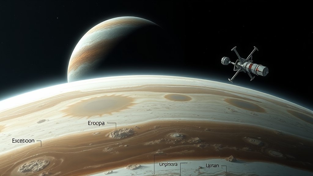 An illustration of Jupiter's moon Europa with a possible subsurface ocean and a robotic spacecraft in the background, with a faint glow of hydrothermal activity.