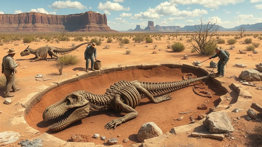 A realistic illustration of a dinosaur fossil excavation site in the Southwest, with a team of paleontologists carefully unearthing the remains of a rare dinosaur species.