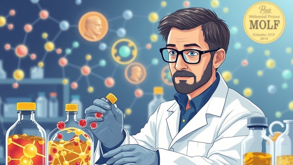 A detailed illustration of a researcher in a lab working with MOFs, with a background of molecular structures and a hint of the Nobel Prize medal