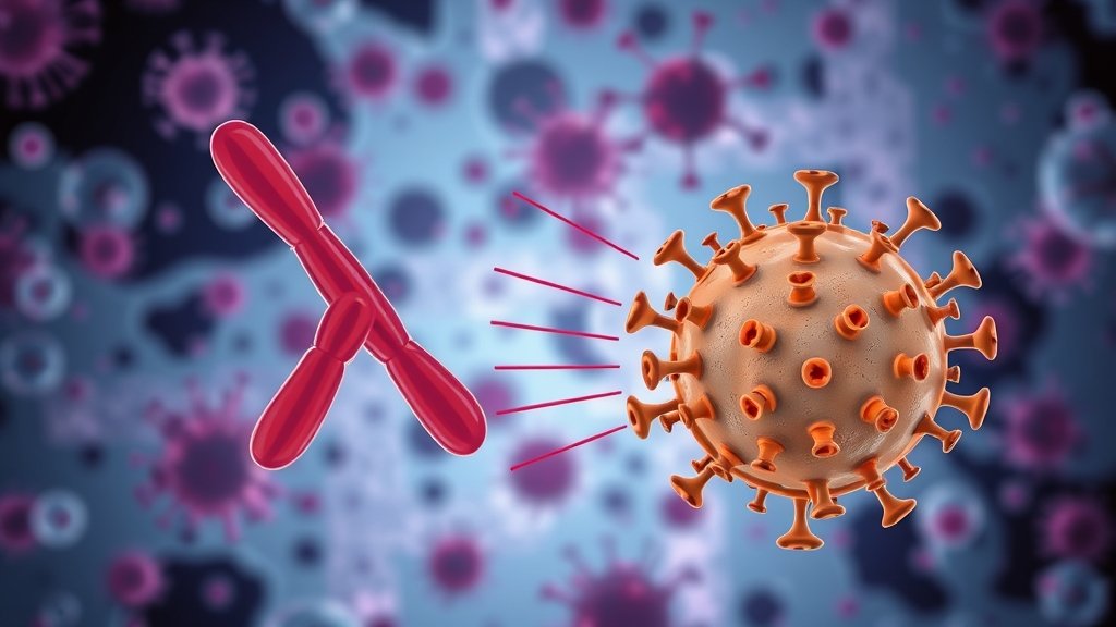 An illustration of antibodies binding to a virus, preventing it from attaching to a host cell, with a background of a microscope image of cells and viruses.