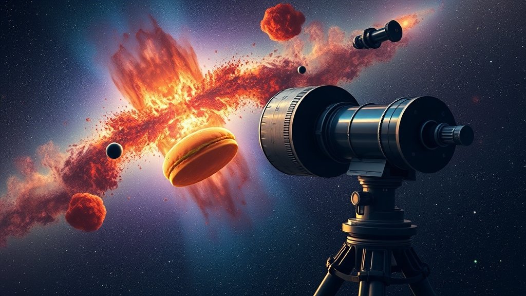 An astronomic illustration of the ALMA telescope observing a cosmic "hamburger" in space, with vibrant colors and detailed textures, showcasing the telescope's advanced technology and the fascinating celestial object.
