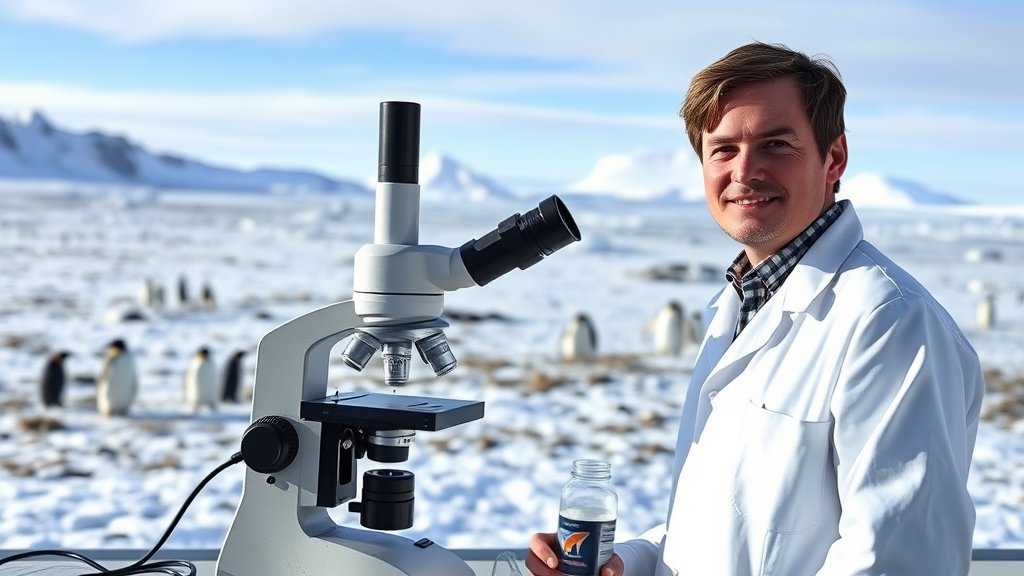 A photo of a researcher in a lab coat standing in front of a microscope, with a backdrop of the Antarctic landscape and a few penguins roaming in the distance.
