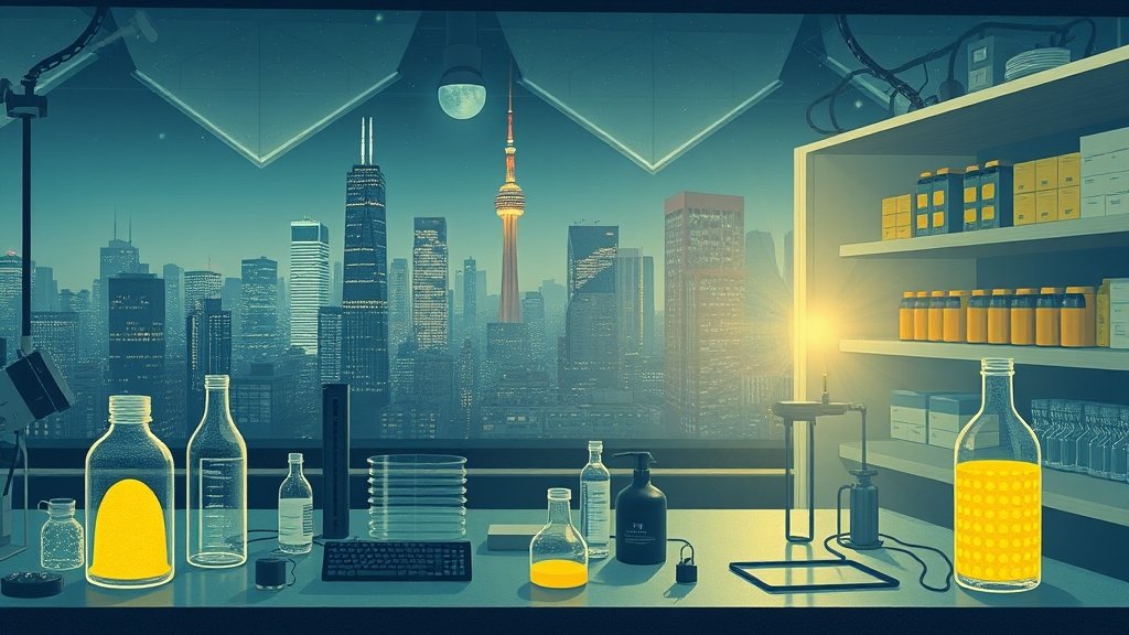A detailed illustration of a laboratory setup where researchers are using dim light to produce bright LEDs, with a cityscape at night in the background to represent the potential applications of this technology.