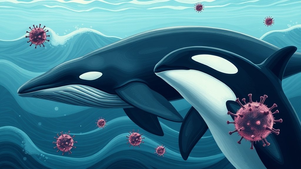 A detailed illustration of a whale and an orca with a subtle background of ocean waves, highlighting the presence of microscopic viruses in the ocean.