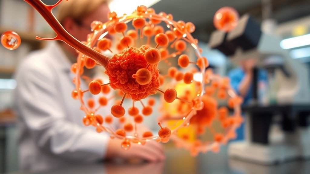 A microscopic image of shape-shifting microparticles with a background of a laboratory setting, with researchers in the background observing the particles under a microscope.