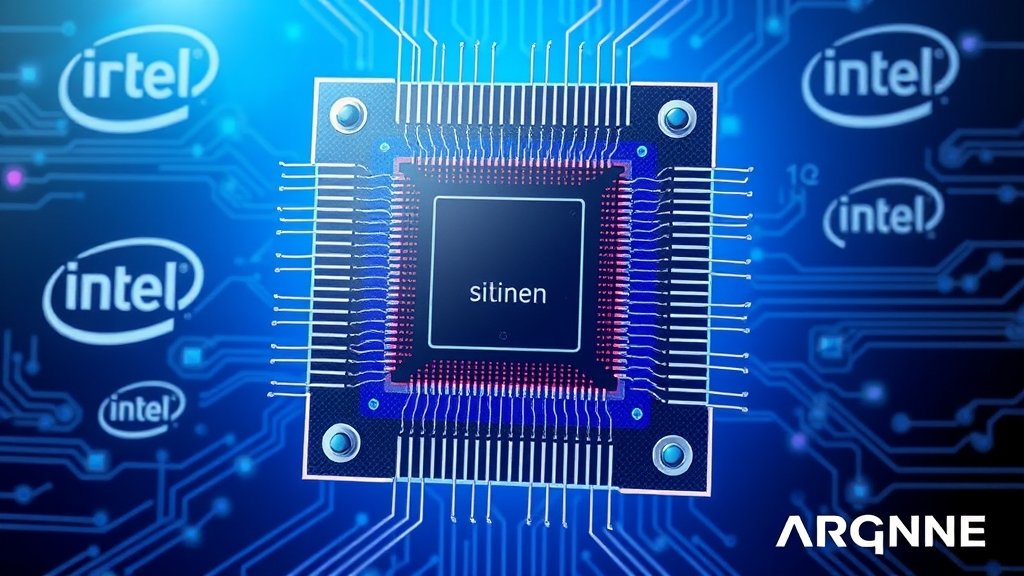 a detailed illustration of a silicon quantum processor with a collaborative background of Intel and Argonne logos