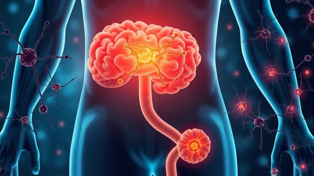 An illustration of the human gut and brain with microbes and neurons interacting, highlighting the connection between the gut microbiome and brain function.