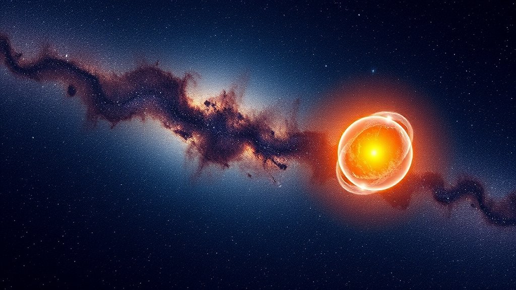 An illustration of the Milky Way galaxy with a highlighted local bubble, showing the Sun's position and the nearby stars and gas clouds.