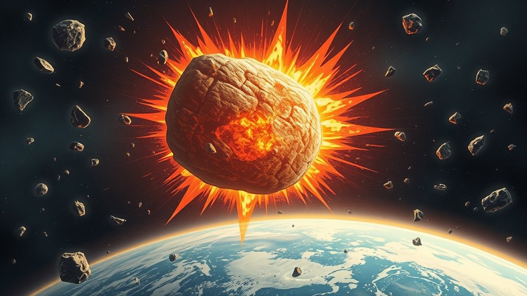An illustration of an asteroid impacting Earth, with a massive explosion and debris flying everywhere, amidst a dark and mysterious background, with a hint of life emerging from the chaos.