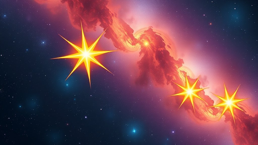 An illustration of two stellar twins in space, with one star in the foreground and the other in the background, showcasing their similarities and differences in a beautiful, vibrant galaxy.