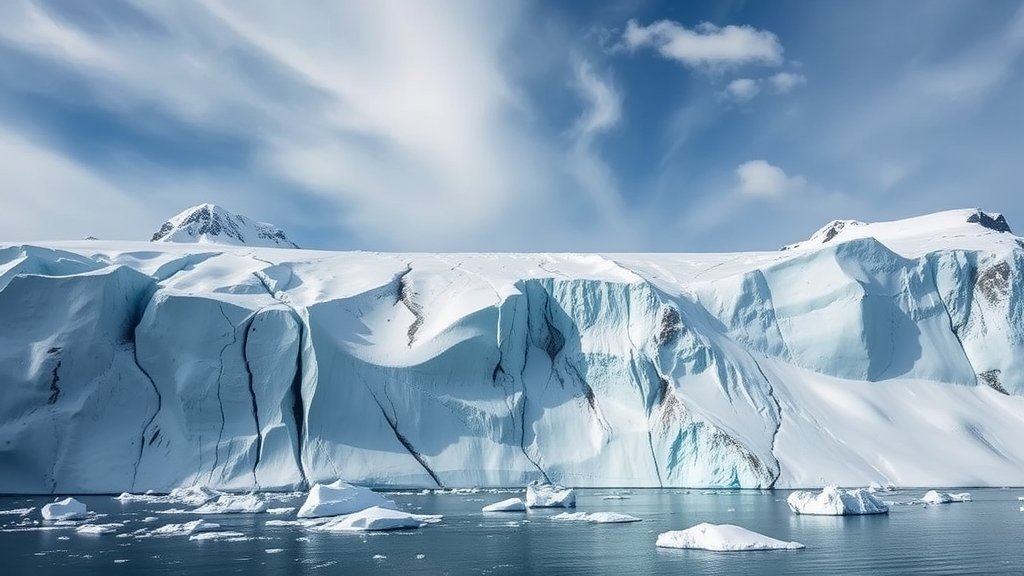 A dramatic image of the Doomsday Glacier in Antarctica, with cracks and icebergs visible, set against a backdrop of a changing climate