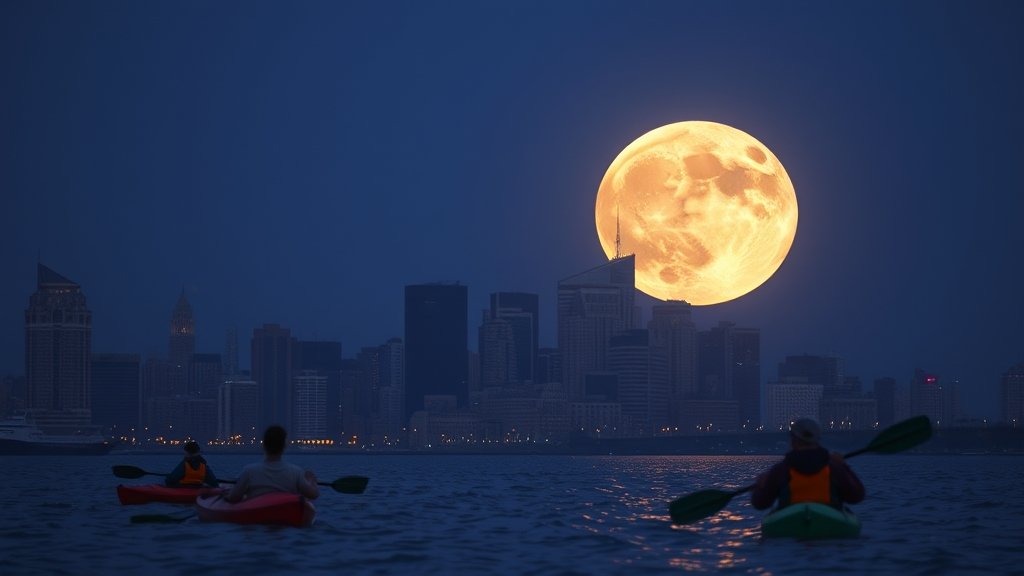A high-resolution image of a supermoon rising over a cityscape, with people kayaking in the foreground and the moon's bright glow illuminating the water and surrounding buildings.