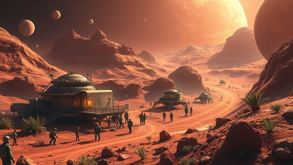 A futuristic illustration of a Mars colony with humans and microbes working together to build habitable environments, showcasing advanced space technology and infrastructure