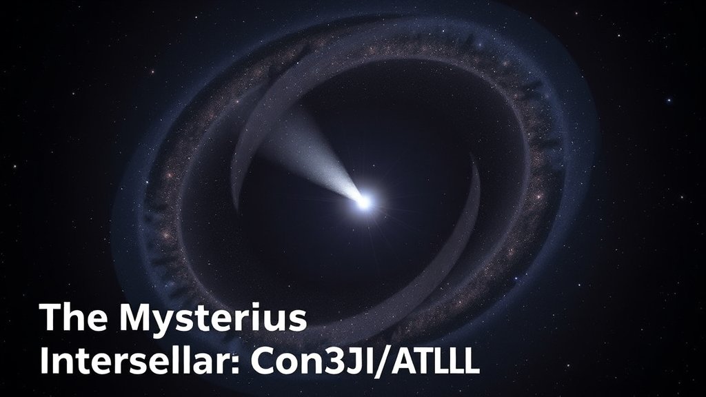 A high-resolution image of the interstellar comet 3I/ATLAS, with a subtle background of stars and galaxies, and a caption that reads "The Mysterious Interstellar Comet 3I/ATLAS"
