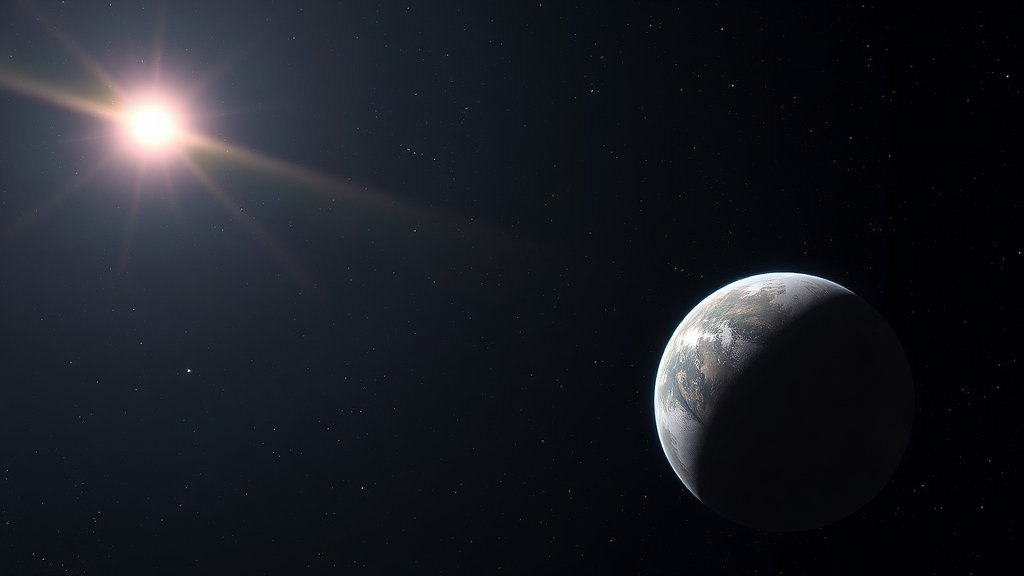 An artist's illustration of the Habitable Worlds Observatory in space, with a planet in the background and stars shining in the distance, representing the search for life beyond Earth.