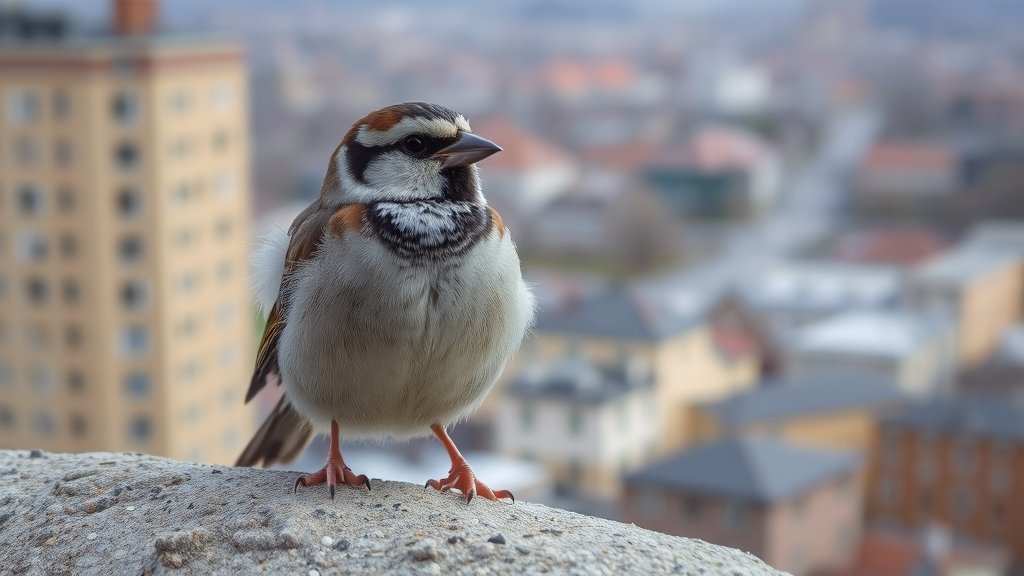 A photograph of a house sparrow in its natural habitat in northern Norway, with a subtle background of a city or town to highlight the adaptability of the species.