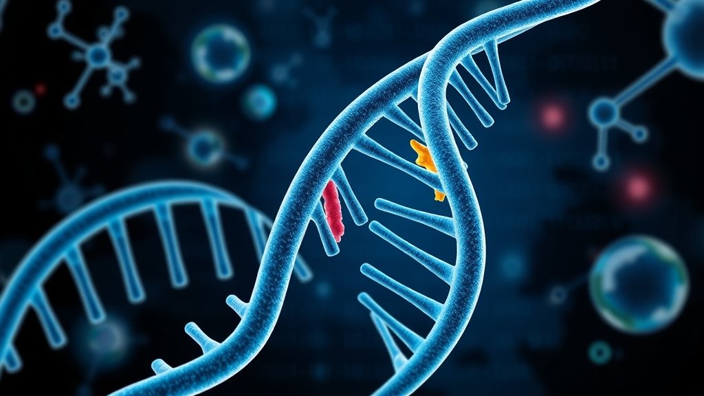 An illustration of a DNA double helix with a highlighted section representing a newly formed gene, surrounded by molecular structures and genetic code