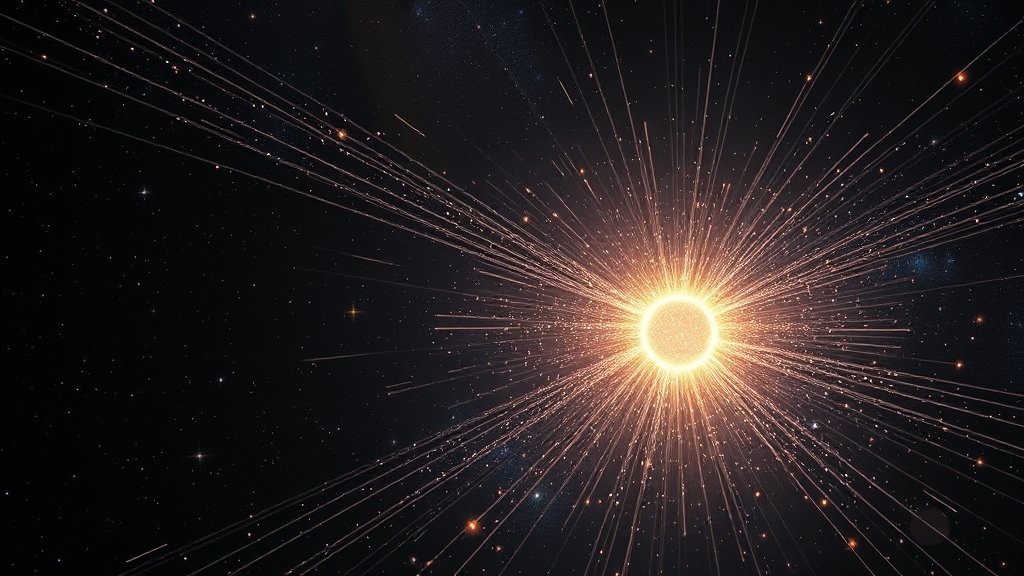 An artistic representation of a tachyonic magnetic monopole neutrino interacting with a gravitational field, with a subtle background of stars and galaxies.
