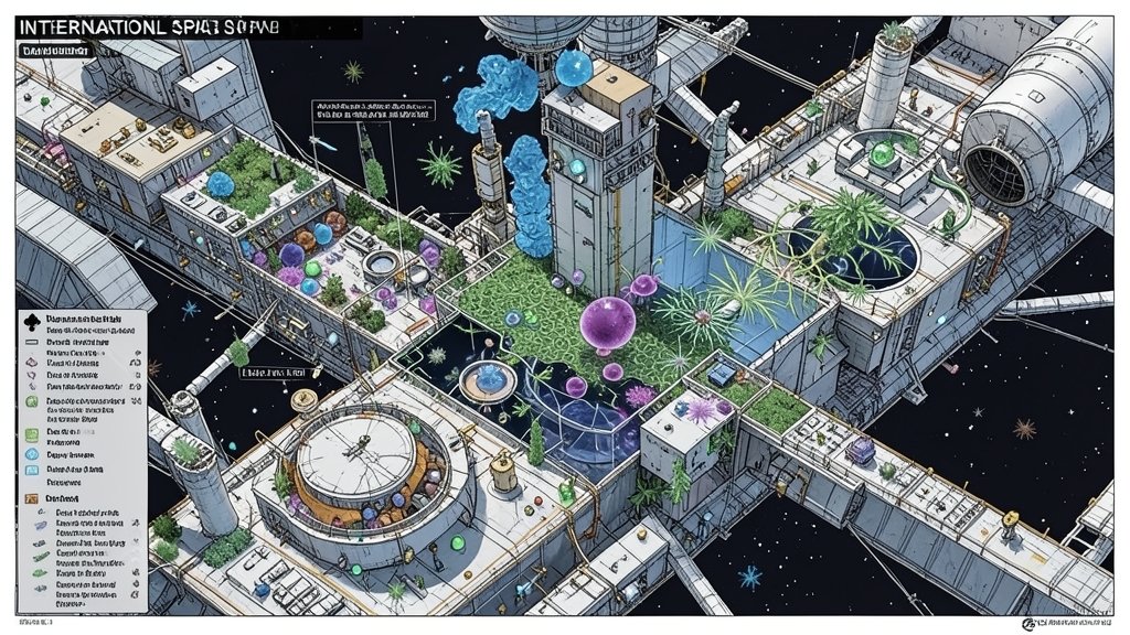 A detailed illustration of the International Space Station with a microbial map overlay, showcasing the various microorganisms present in different areas of the station.