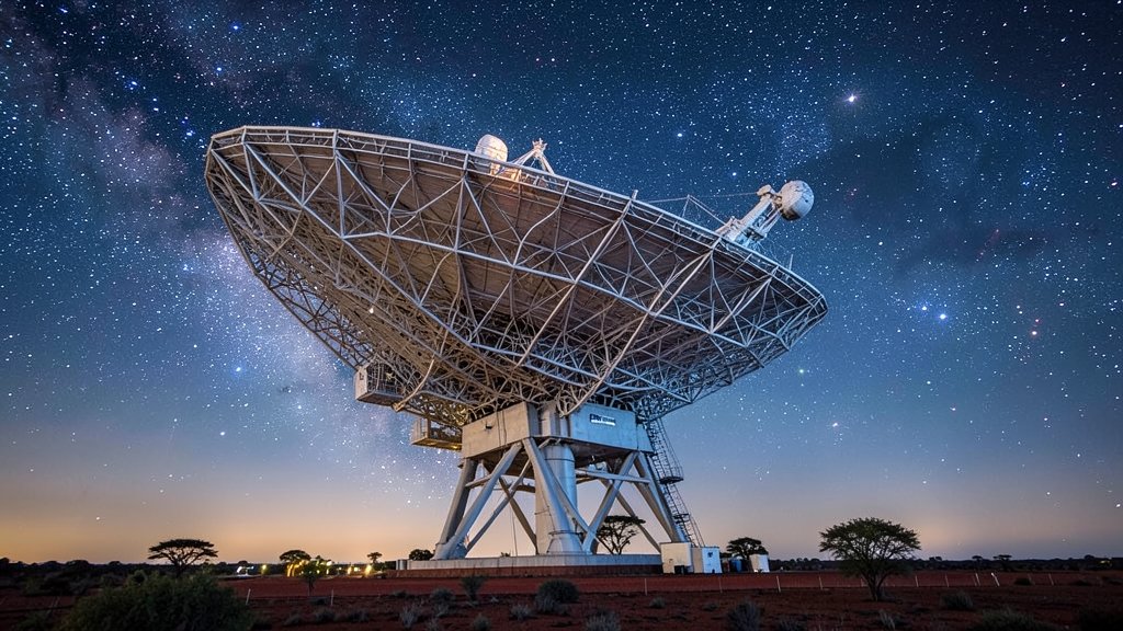 A detailed image of the SKA-Mid telescope in South Africa, with a stunning night sky background and stars, showcasing its massive structure and advanced technology.
