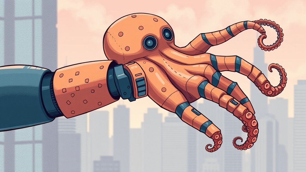 An illustration of a robotic arm with synthetic skin that mimics the texture and color-changing abilities of an octopus, with a cityscape or industrial background.