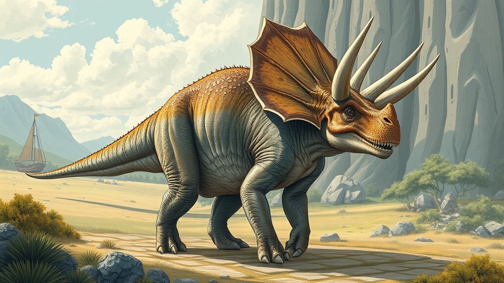 A detailed illustration of a Ceratopsian dinosaur in a European landscape, with a mix of modern and prehistoric elements to highlight the discovery of these missing dinosaurs.