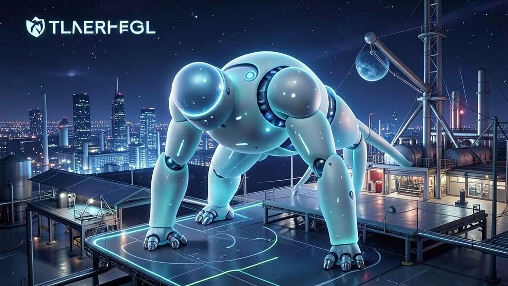 A futuristic illustration of a shape-shifting soft robot in space, with a cityscape or a manufacturing facility in the background, highlighting its potential applications.