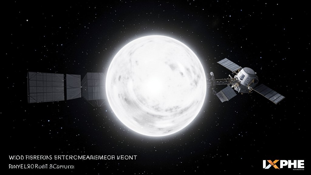 A high-resolution image of a white dwarf star with the IXPE spacecraft in the background, showcasing the historic measurement.