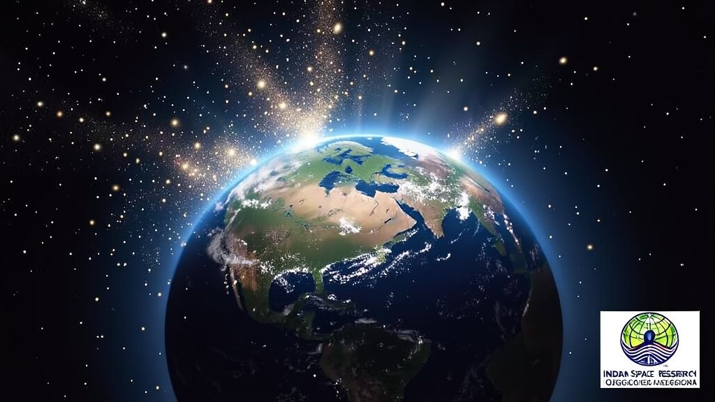 An illustration of the Earth's atmosphere with cosmic dust particles entering it, with the Indian Space Research Organisation's logo in the corner