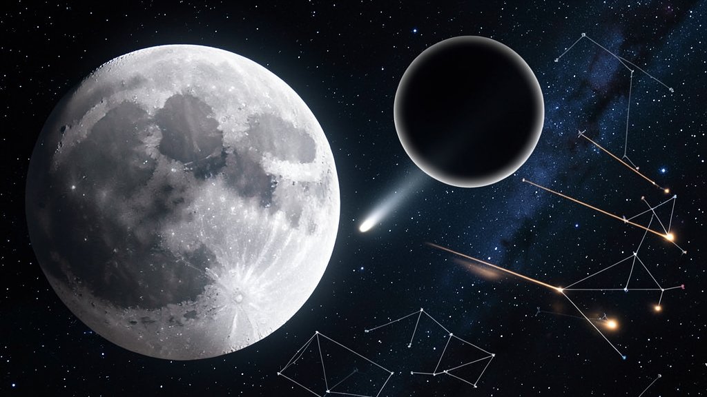 A composite image of a supermoon, a solar eclipse, and a meteor shower in the night sky, with a subtle background of stars and constellations