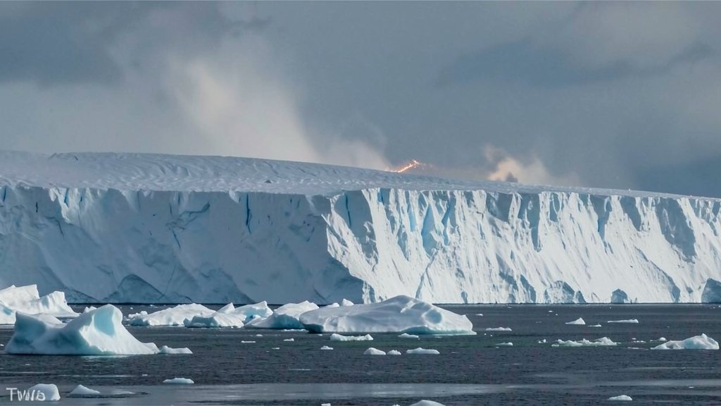 A dramatic image of Antarctica's Thwaites Glacier, with a massive iceberg breaking off in the foreground, and a subtle hint of earthquake activity in the background.