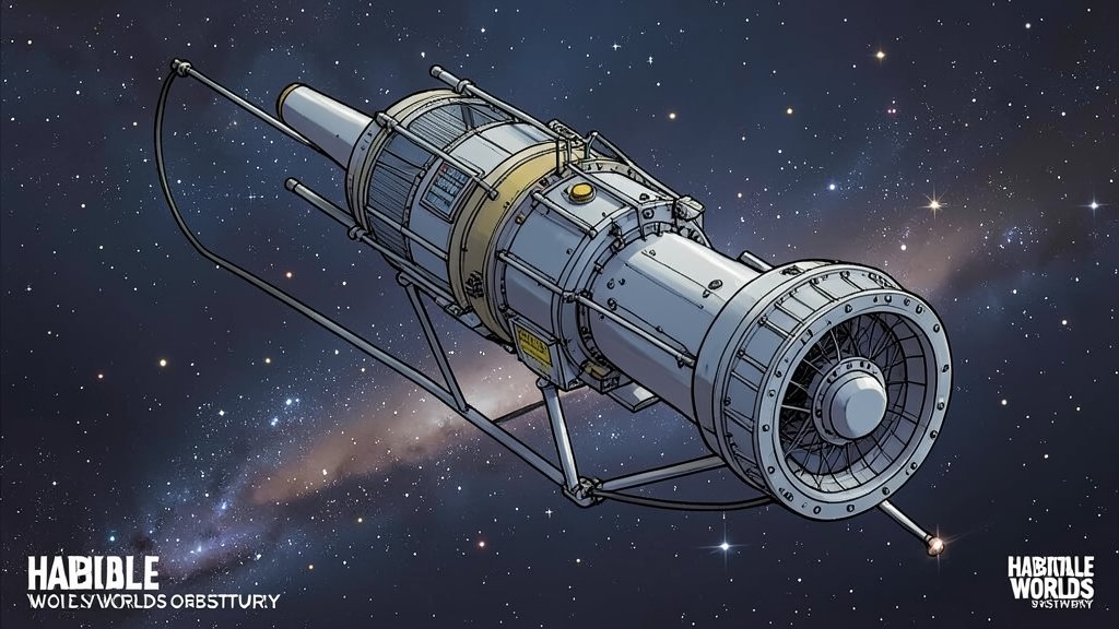 An illustration of the Habitable Worlds Observatory in space, with a subtle background of stars and galaxies, showcasing the telescope's advanced technology and capabilities.